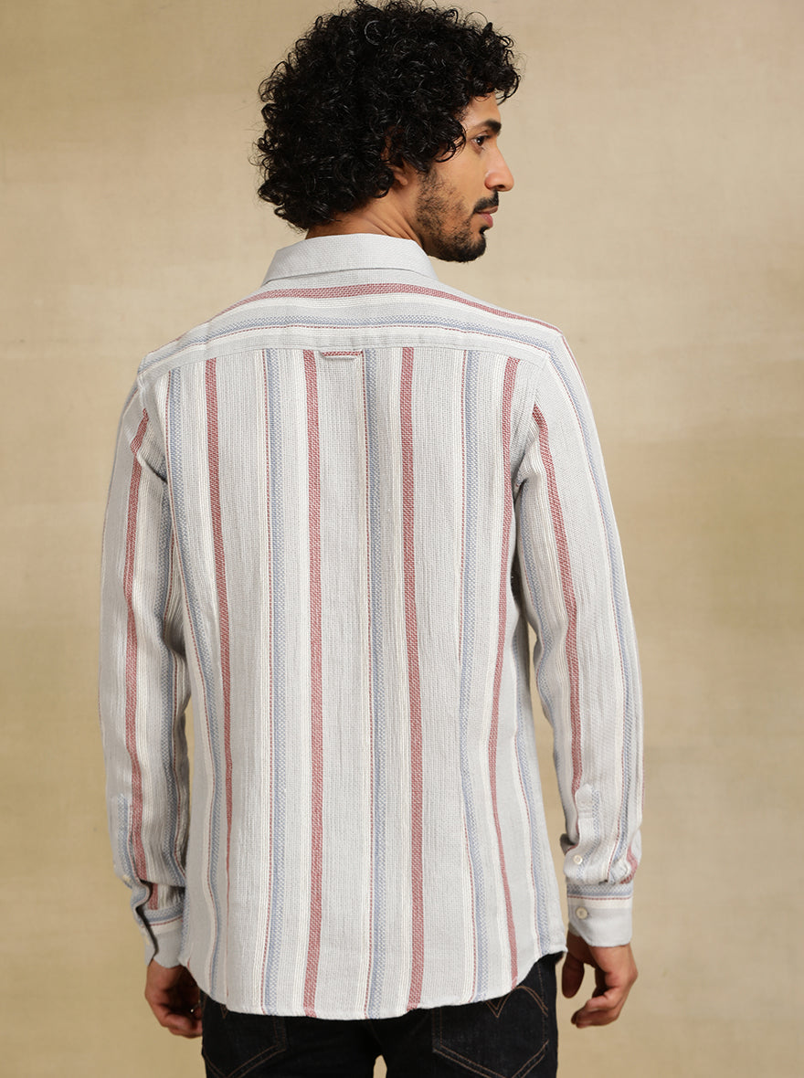 Grey Striped Slim Fit Casual Shirt | pehervi