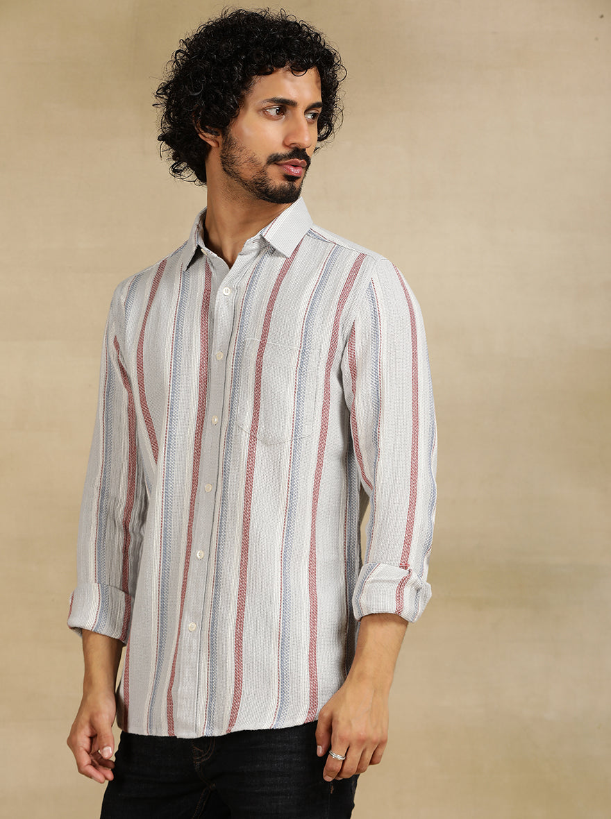 Grey Striped Slim Fit Casual Shirt | pehervi