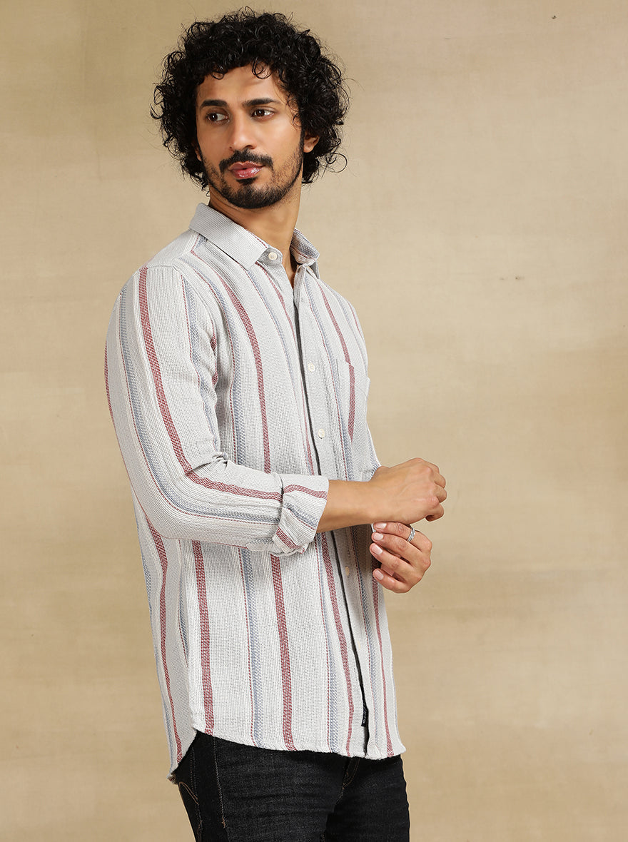 Grey Striped Slim Fit Casual Shirt | pehervi