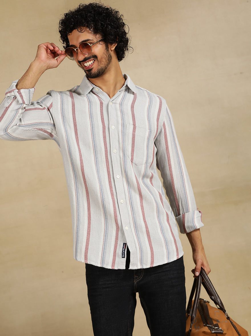 Grey Striped Slim Fit Casual Shirt | pehervi
