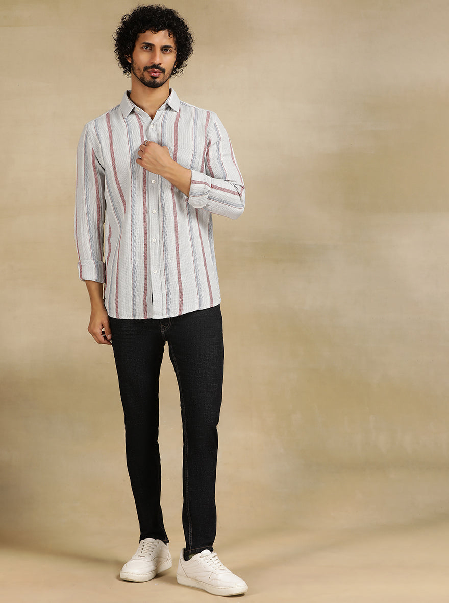 Grey Striped Slim Fit Casual Shirt | pehervi