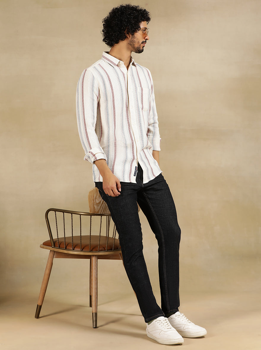 Off White Striped Slim Fit Casual Shirt | pehervi