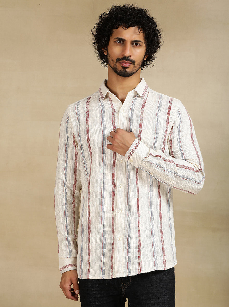 Off White Striped Slim Fit Casual Shirt | pehervi