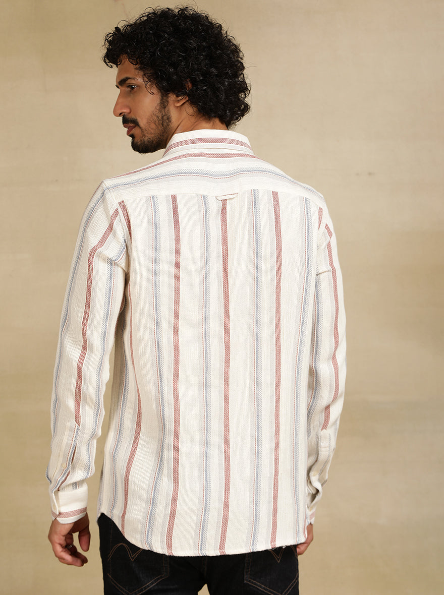 Off White Striped Slim Fit Casual Shirt | pehervi