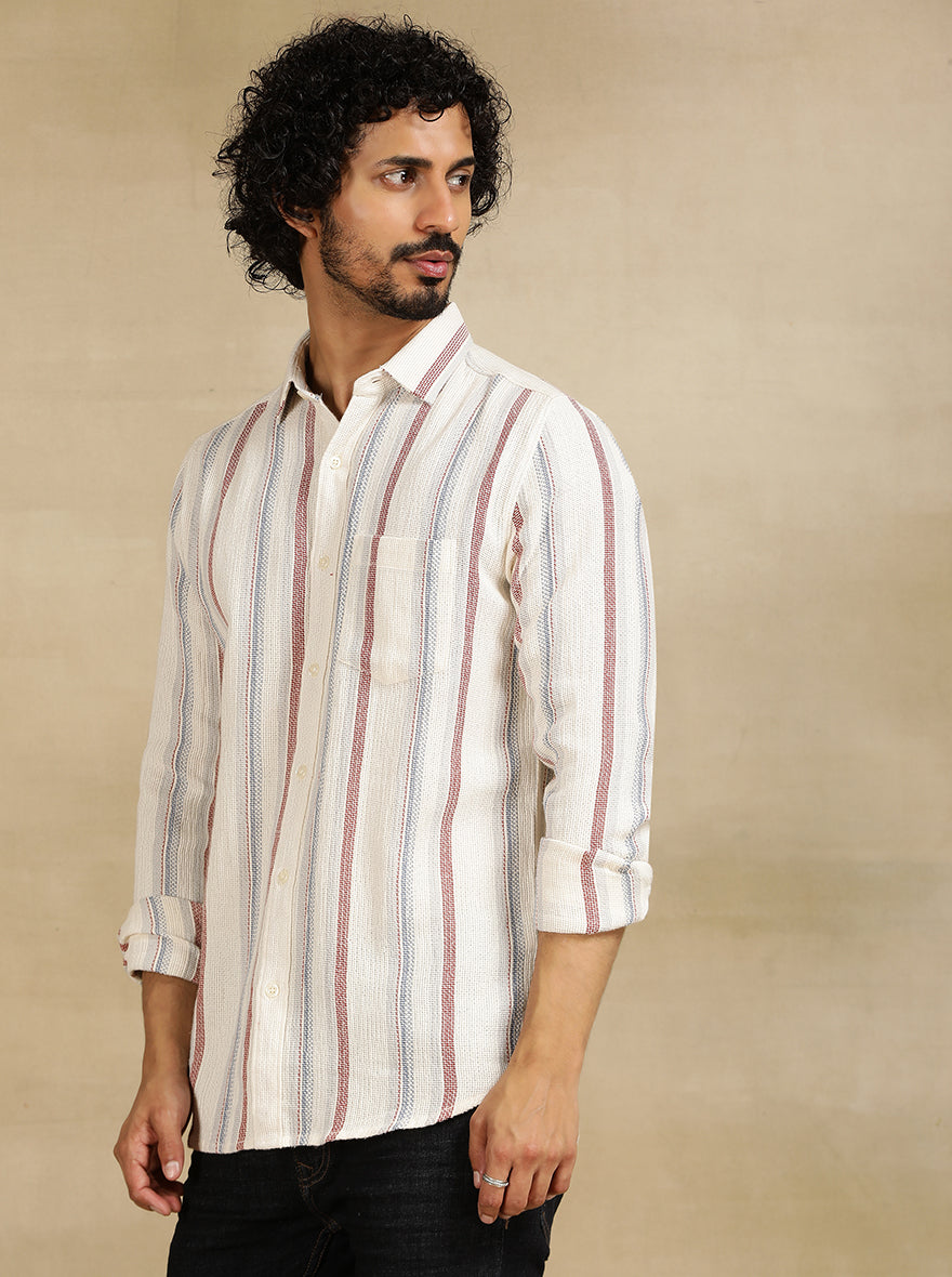Off White Striped Slim Fit Casual Shirt | pehervi