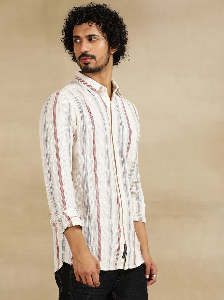 Off White Striped Slim Fit Casual Shirt | pehervi