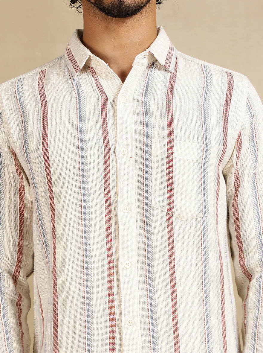 Off White Striped Slim Fit Casual Shirt | pehervi