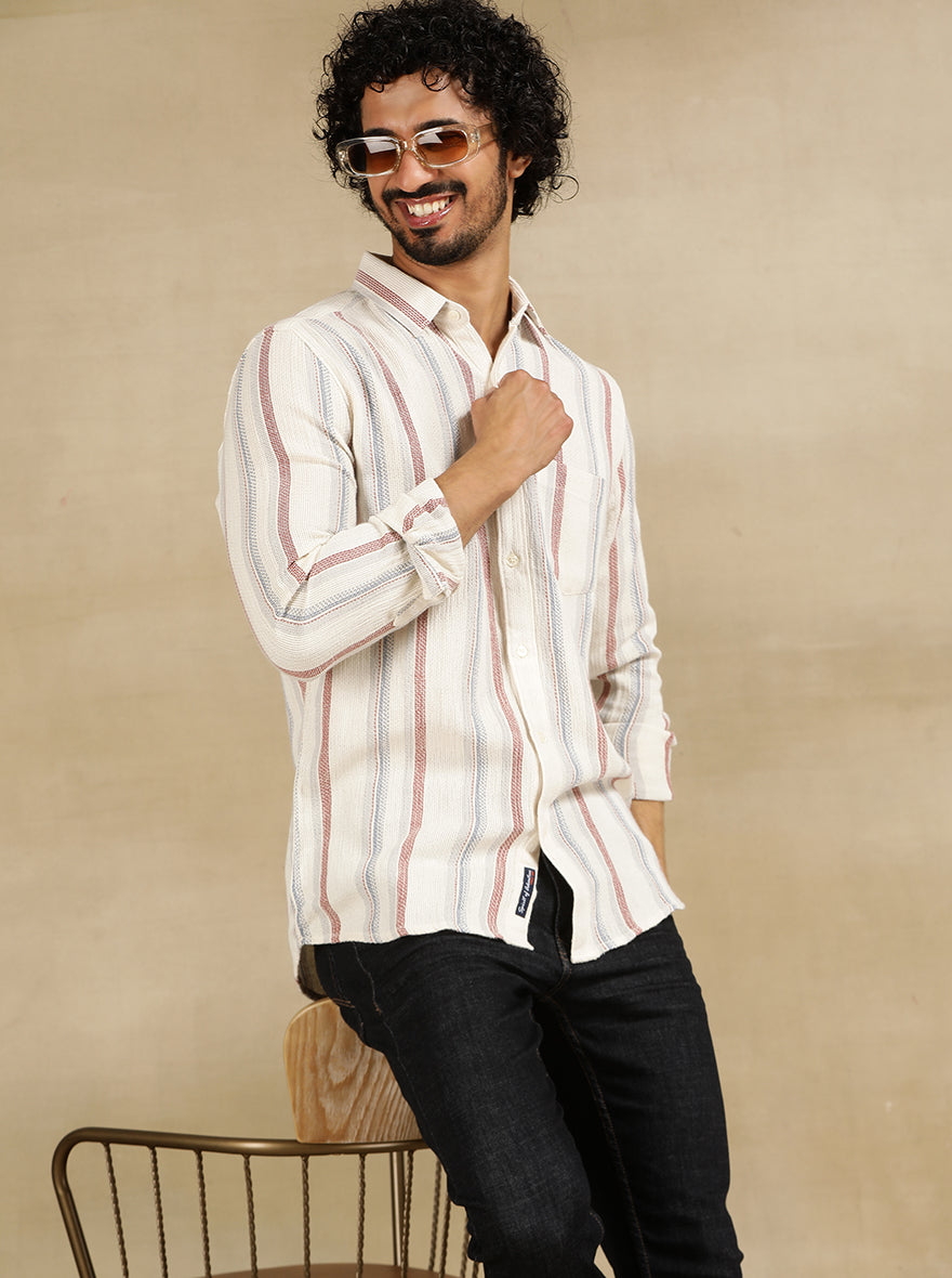 Off White Striped Slim Fit Casual Shirt | pehervi