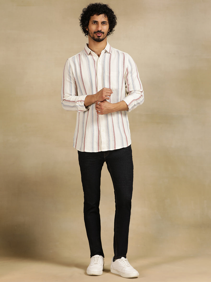Off White Striped Slim Fit Casual Shirt | pehervi