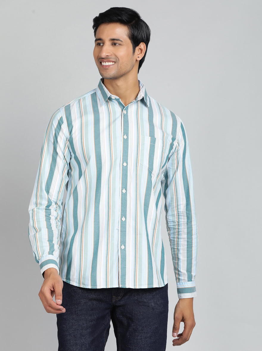 Light Green Striped Slim Fit Casual Shirt | pehervi