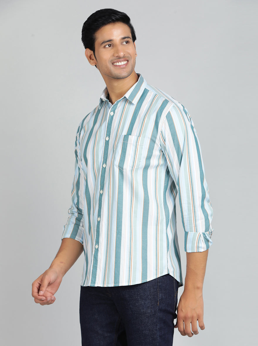 Light Green Striped Slim Fit Casual Shirt | pehervi