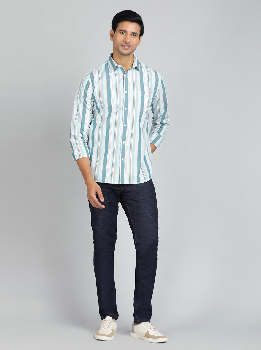 Light Green Striped Slim Fit Casual Shirt | pehervi