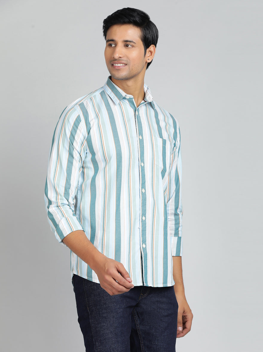 Light Green Striped Slim Fit Casual Shirt | pehervi