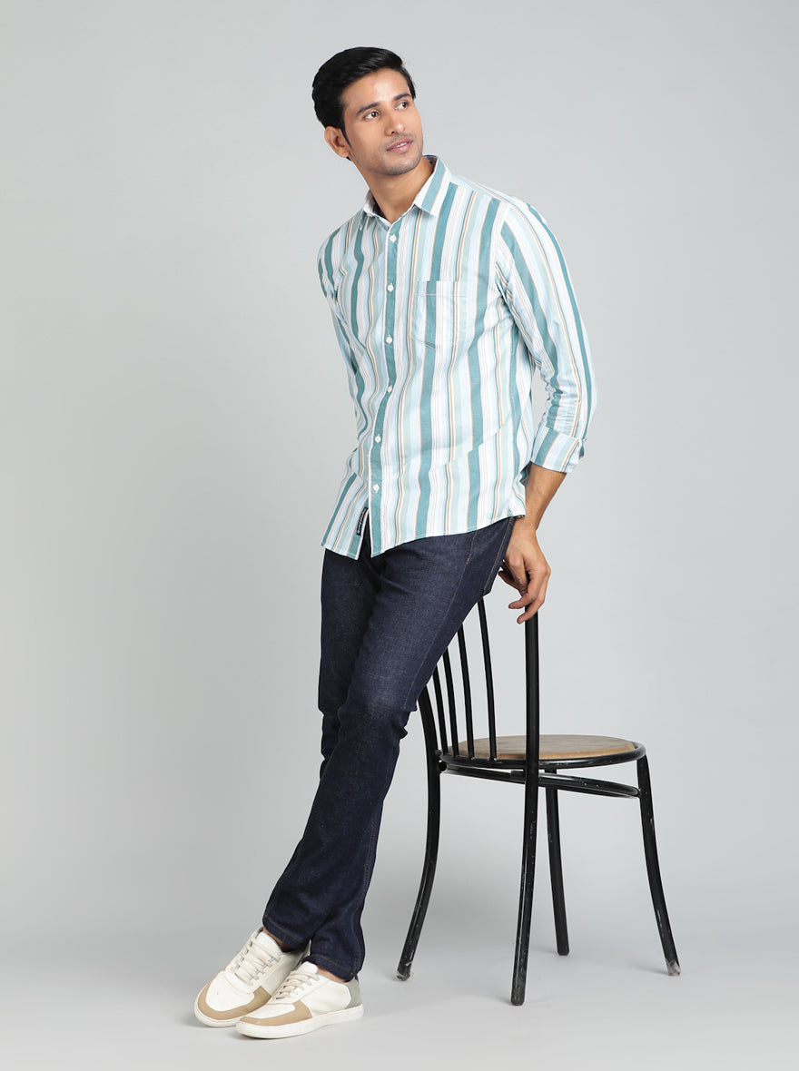 Light Green Striped Slim Fit Casual Shirt | pehervi