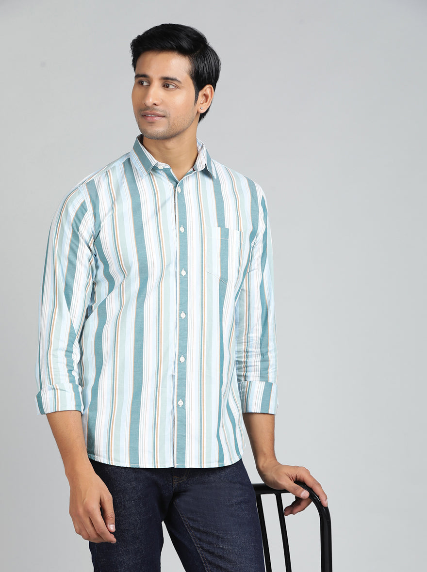 Light Green Striped Slim Fit Casual Shirt | pehervi