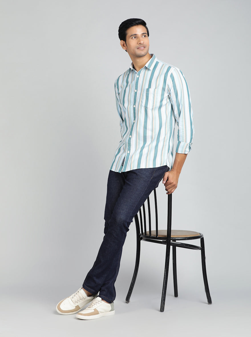 Light Green Striped Slim Fit Casual Shirt | pehervi