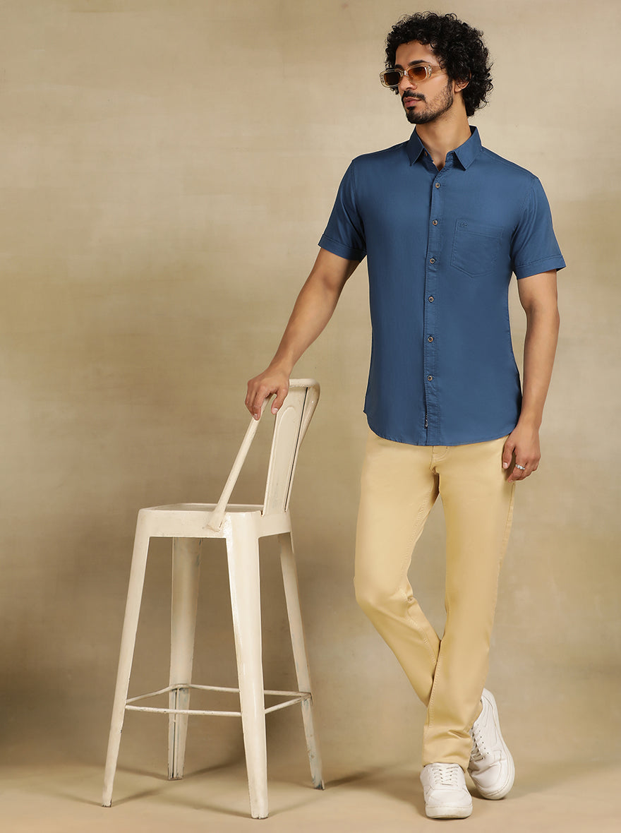 Slate Blue Solid Slim Fit Casual Shirt | pehervi