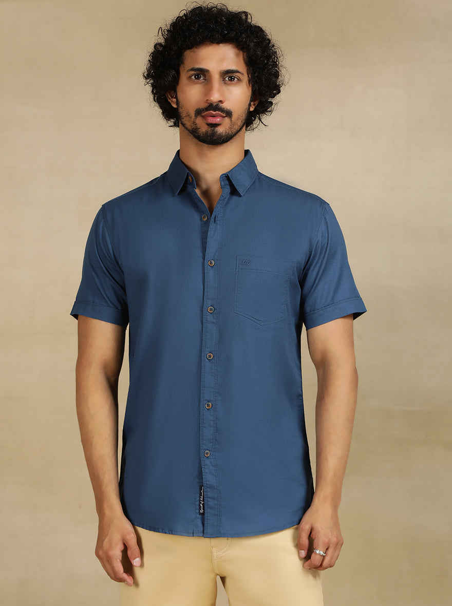 Slate Blue Solid Slim Fit Casual Shirt | pehervi