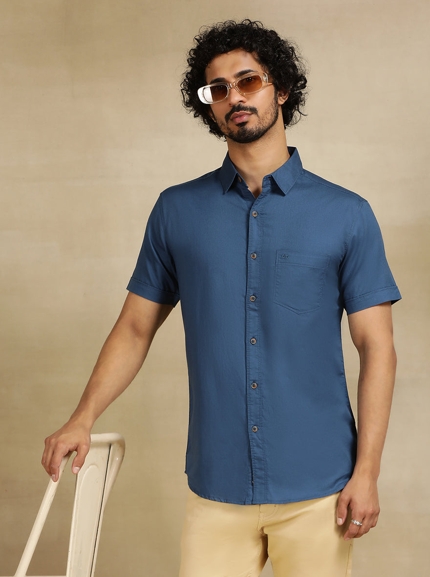 Slate Blue Solid Slim Fit Casual Shirt | pehervi