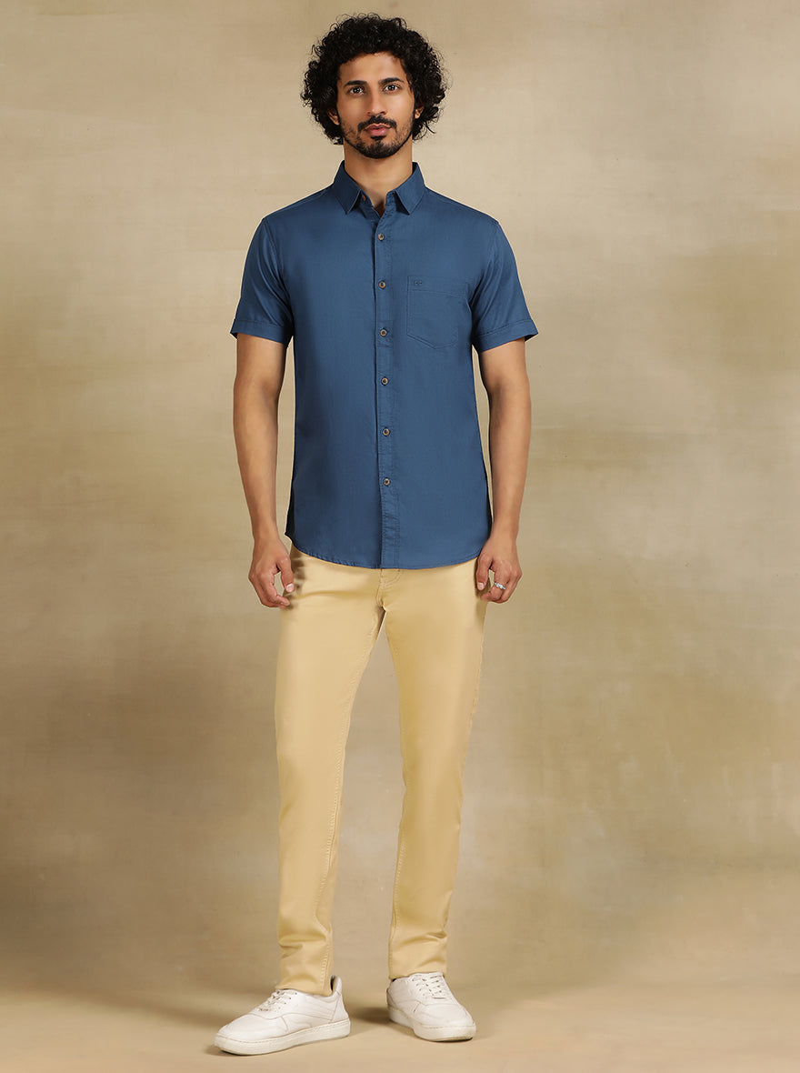 Slate Blue Solid Slim Fit Casual Shirt | pehervi