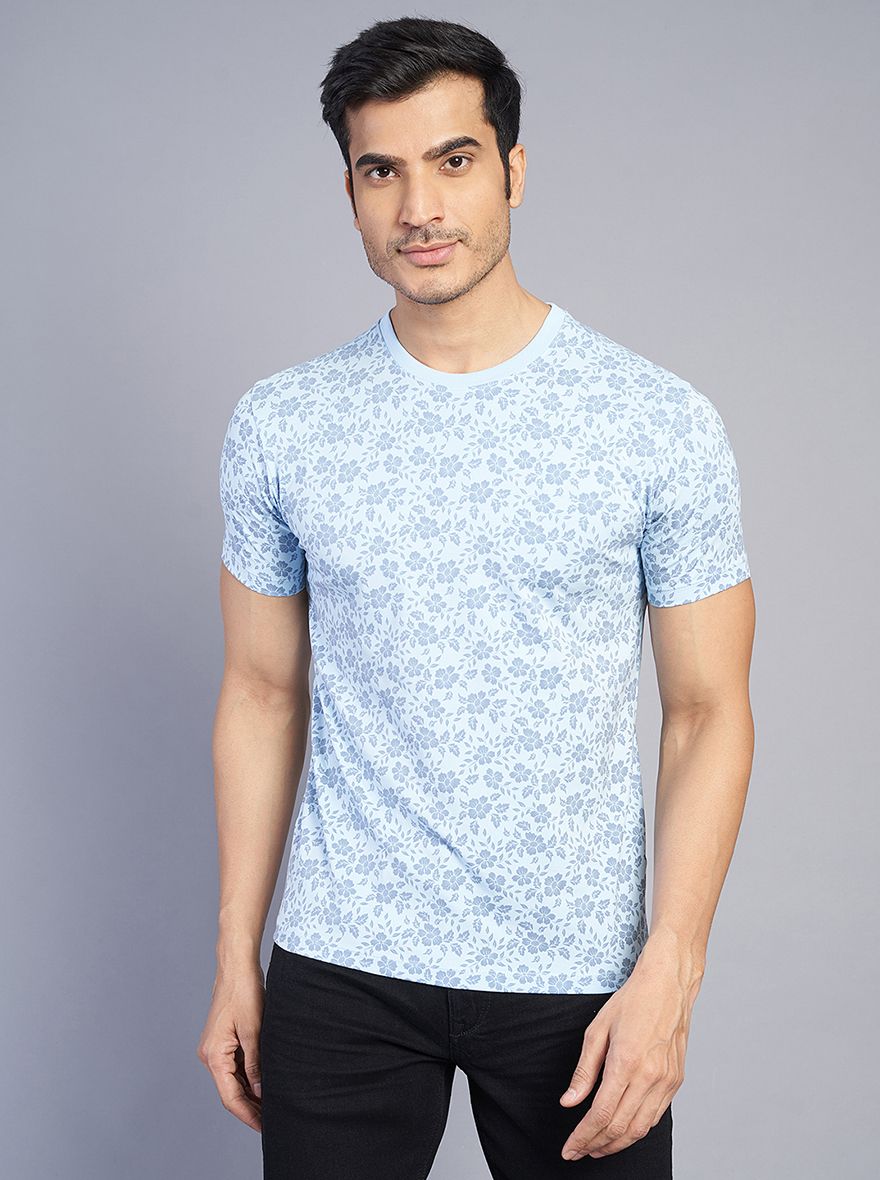 Light Blue Printed Slim Fit T-Shirt | pehervi