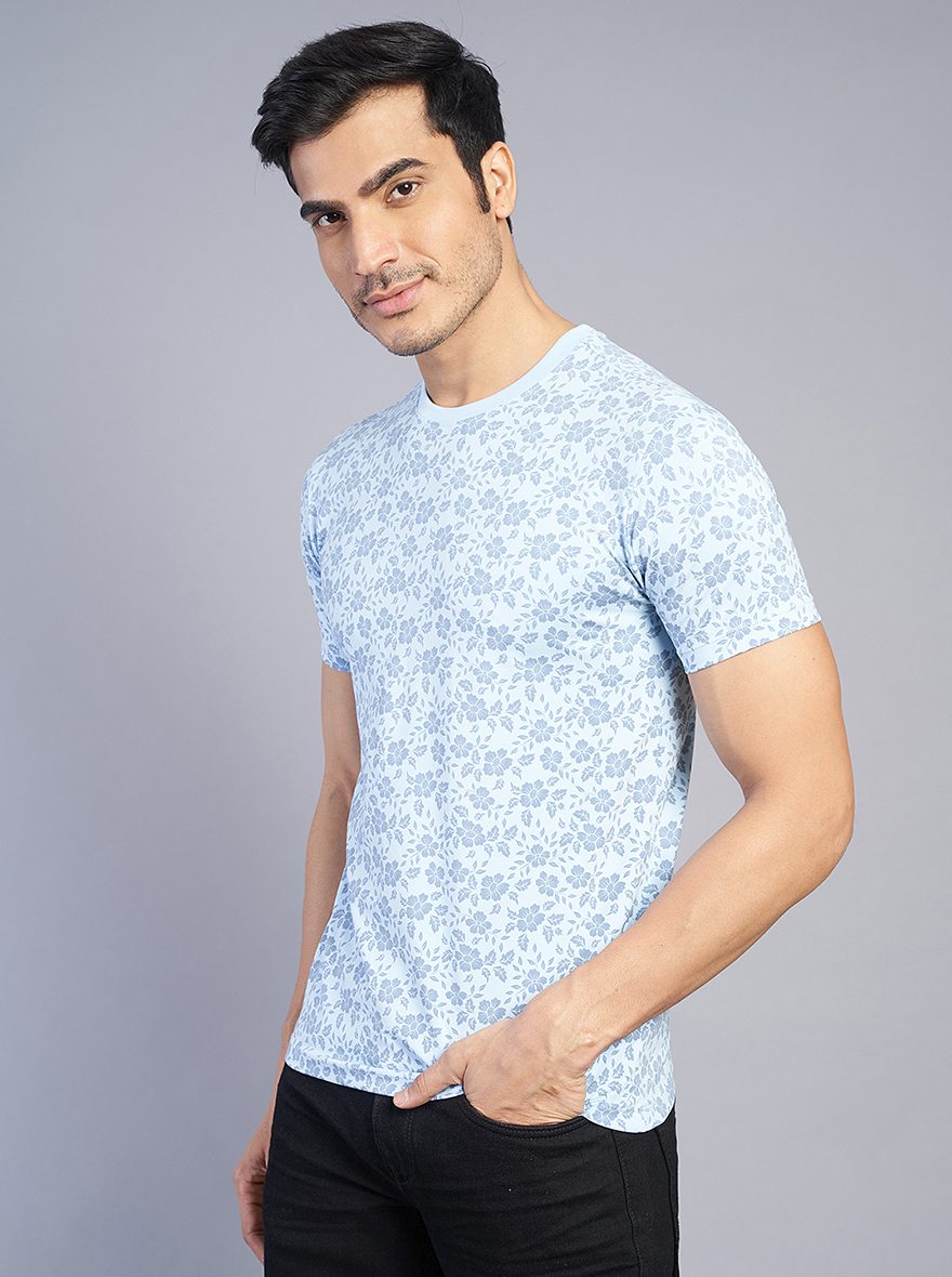 Light Blue Printed Slim Fit T-Shirt | pehervi