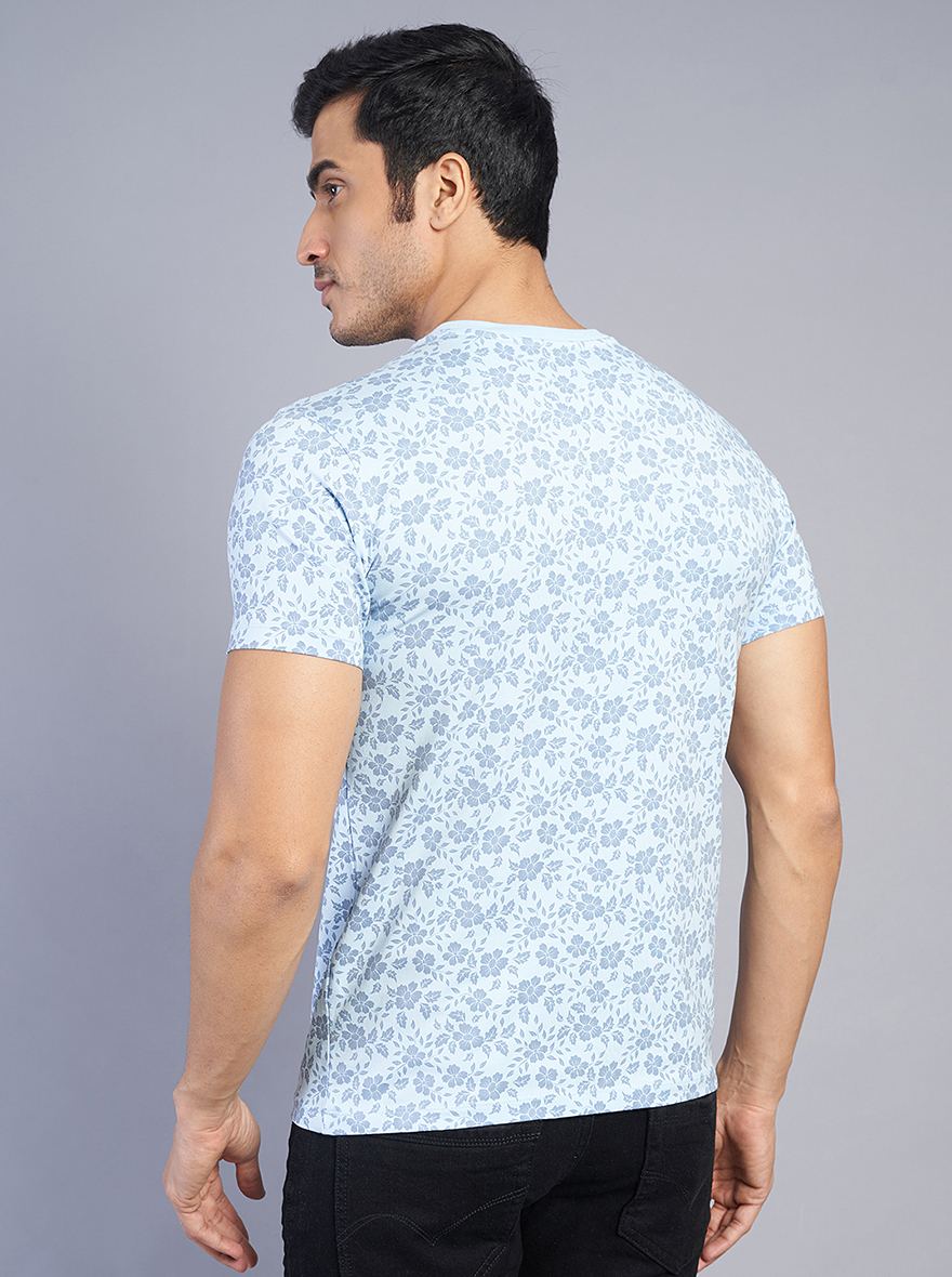 Light Blue Printed Slim Fit T-Shirt | pehervi