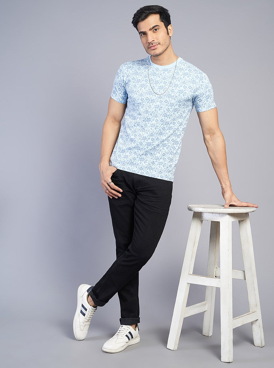 Light Blue Printed Slim Fit T-Shirt | pehervi