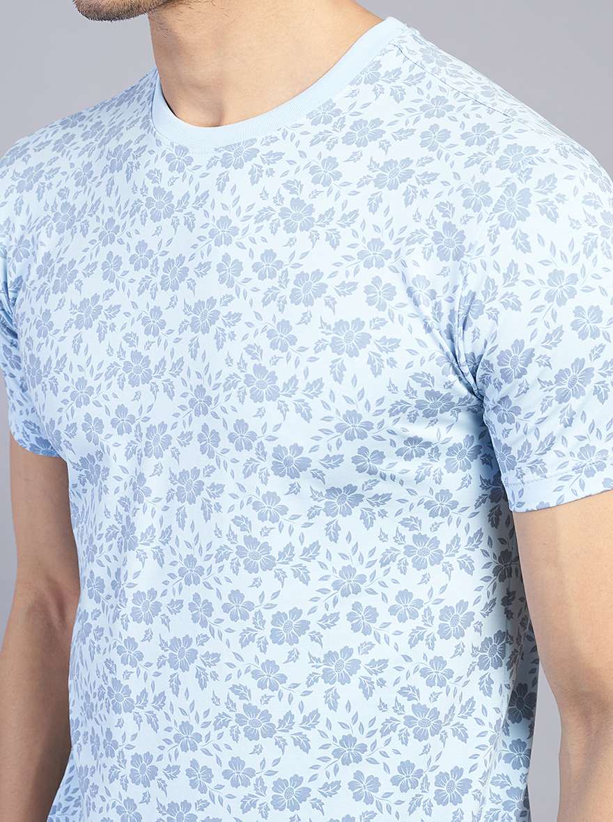 Light Blue Printed Slim Fit T-Shirt | pehervi