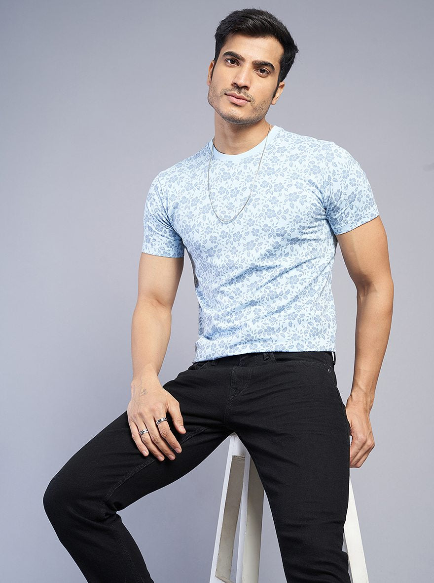 Light Blue Printed Slim Fit T-Shirt | pehervi