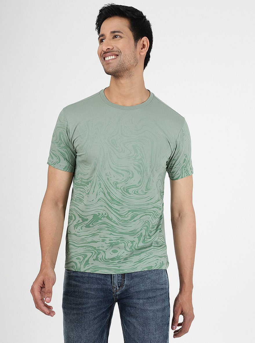 Green Printed Slim Fit T-Shirt | pehervi