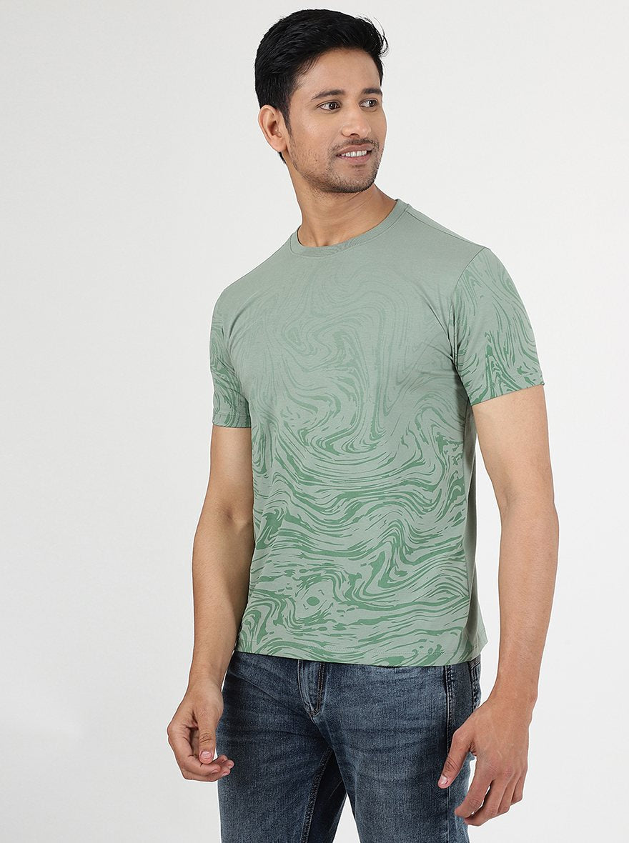 Green Printed Slim Fit T-Shirt | pehervi