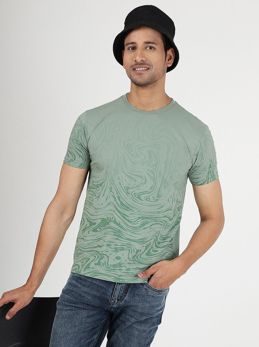 Green Printed Slim Fit T-Shirt | pehervi