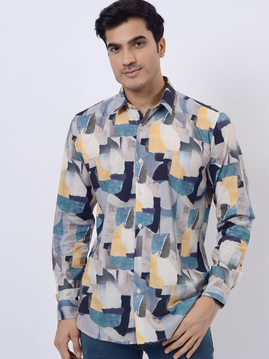 Grey & Blue Printed Slim Fit Casual Shirt | pehervi