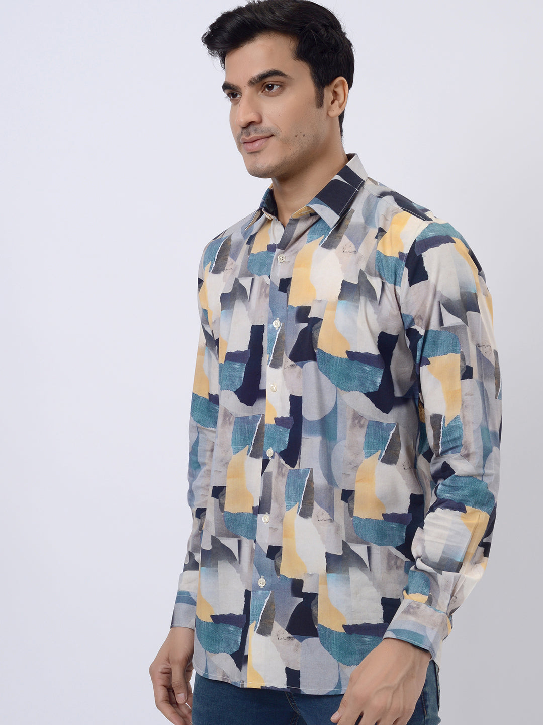 Grey & Blue Printed Slim Fit Casual Shirt | pehervi