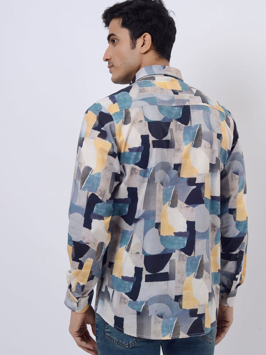 Grey & Blue Printed Slim Fit Casual Shirt | pehervi