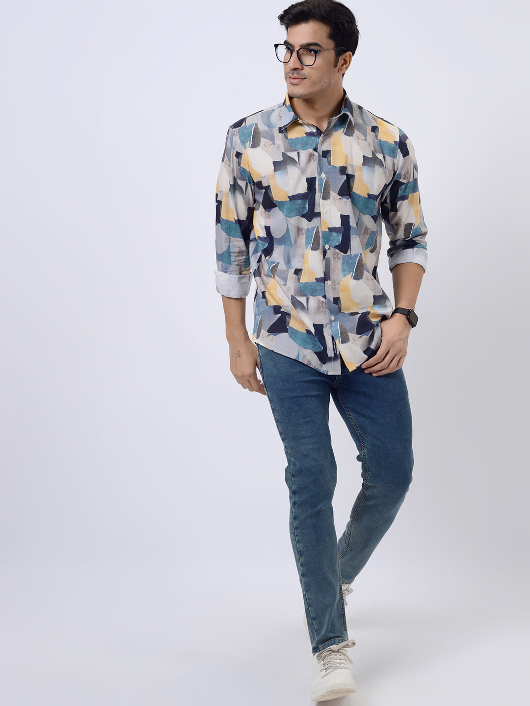 Grey & Blue Printed Slim Fit Casual Shirt | pehervi