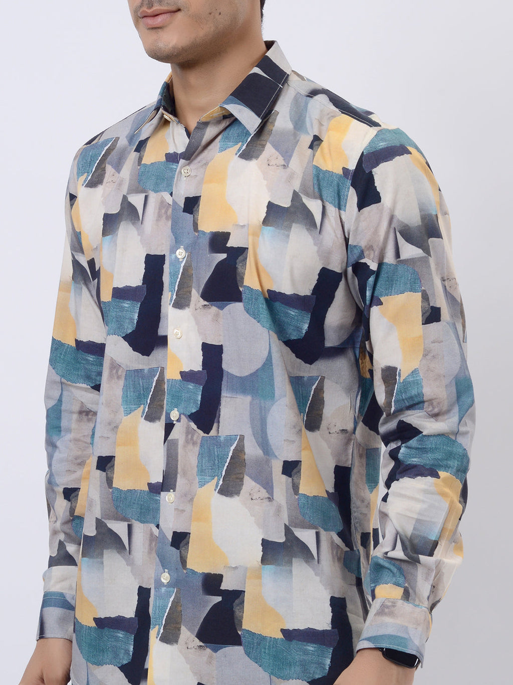 Grey & Blue Printed Slim Fit Casual Shirt | pehervi