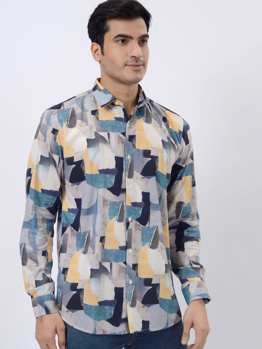 Grey & Blue Printed Slim Fit Casual Shirt | pehervi