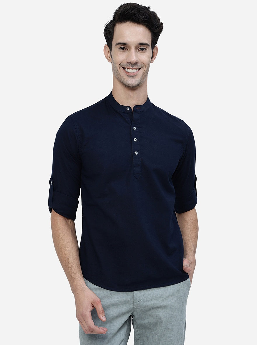 Navy Blue Solid Slim Fit Semi Casual Shirt | Pehervi