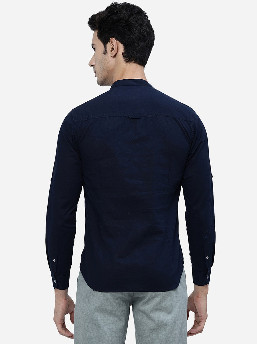 Navy Blue Solid Slim Fit Semi Casual Shirt | Pehervi