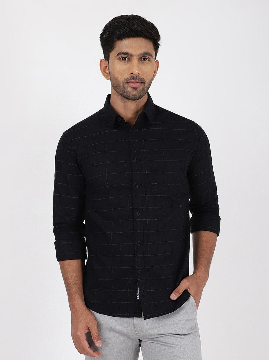 Black Checked Slim Fit Casual Shirt | pehervi