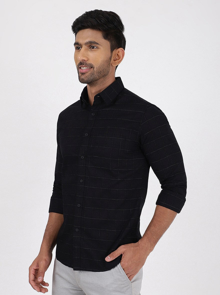Black Checked Slim Fit Casual Shirt | pehervi