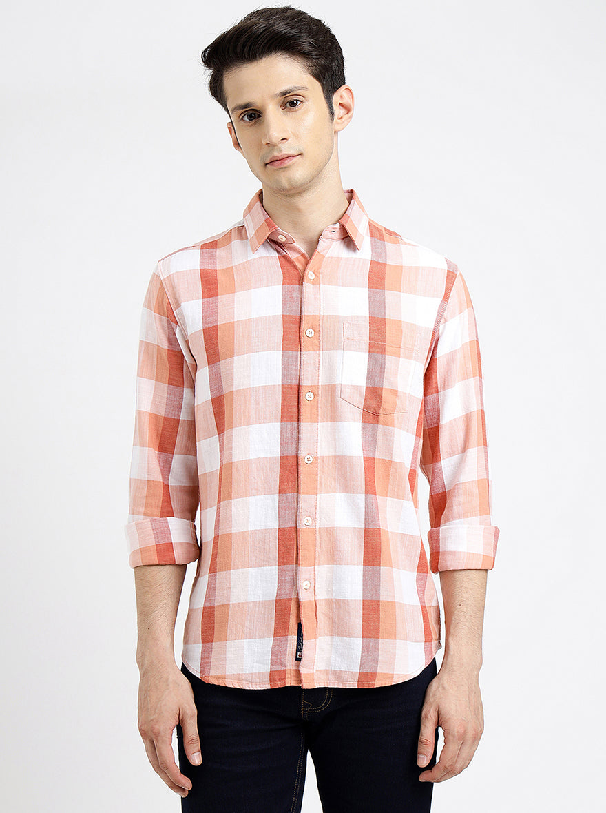 Orange Checked Slim Fit Casual Shirt | pehervi