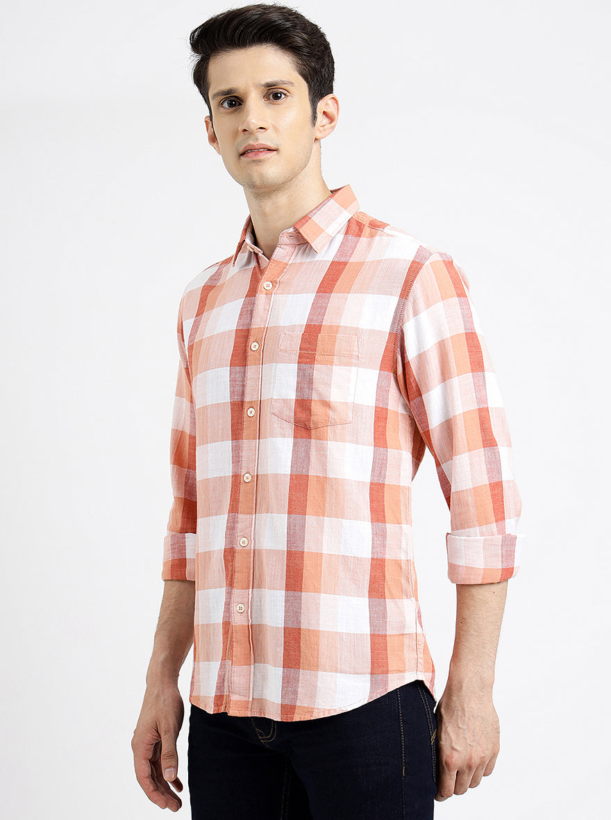 Orange Checked Slim Fit Casual Shirt | pehervi