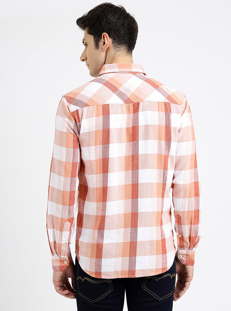 Orange Checked Slim Fit Casual Shirt | pehervi