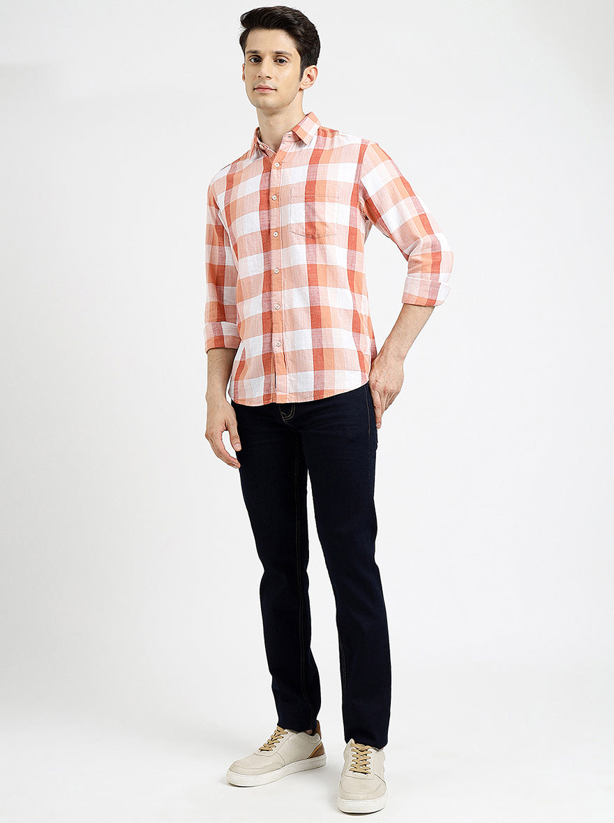 Orange Checked Slim Fit Casual Shirt | pehervi