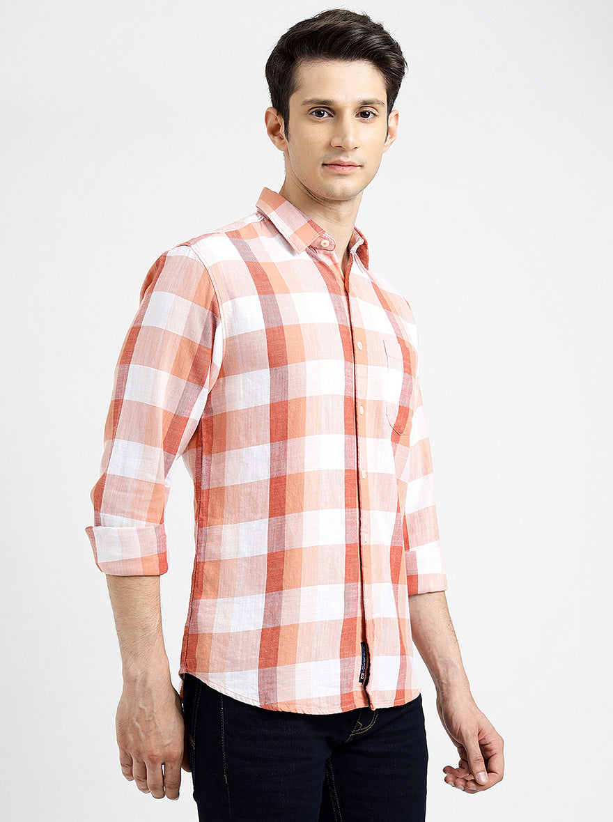 Orange Checked Slim Fit Casual Shirt | pehervi