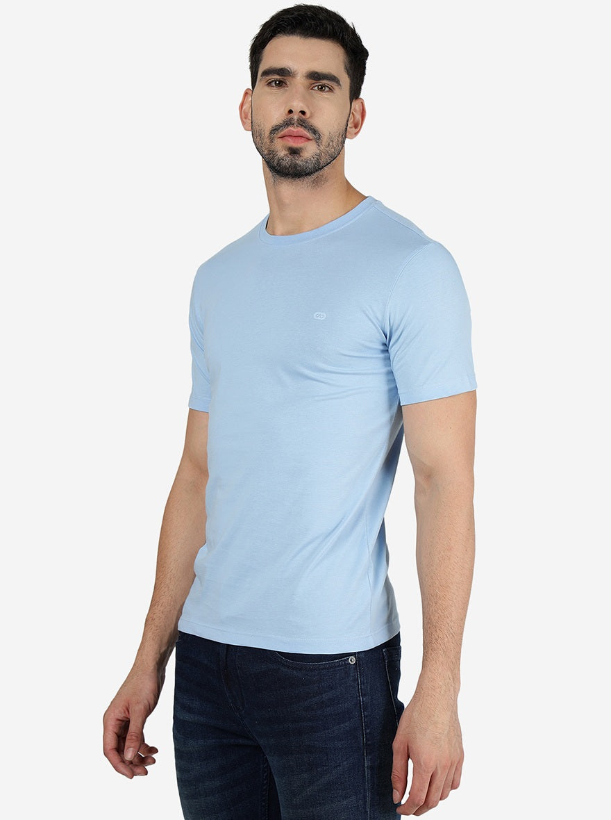 Sky Blue Solid Slim Fit T-Shirt | pehervi