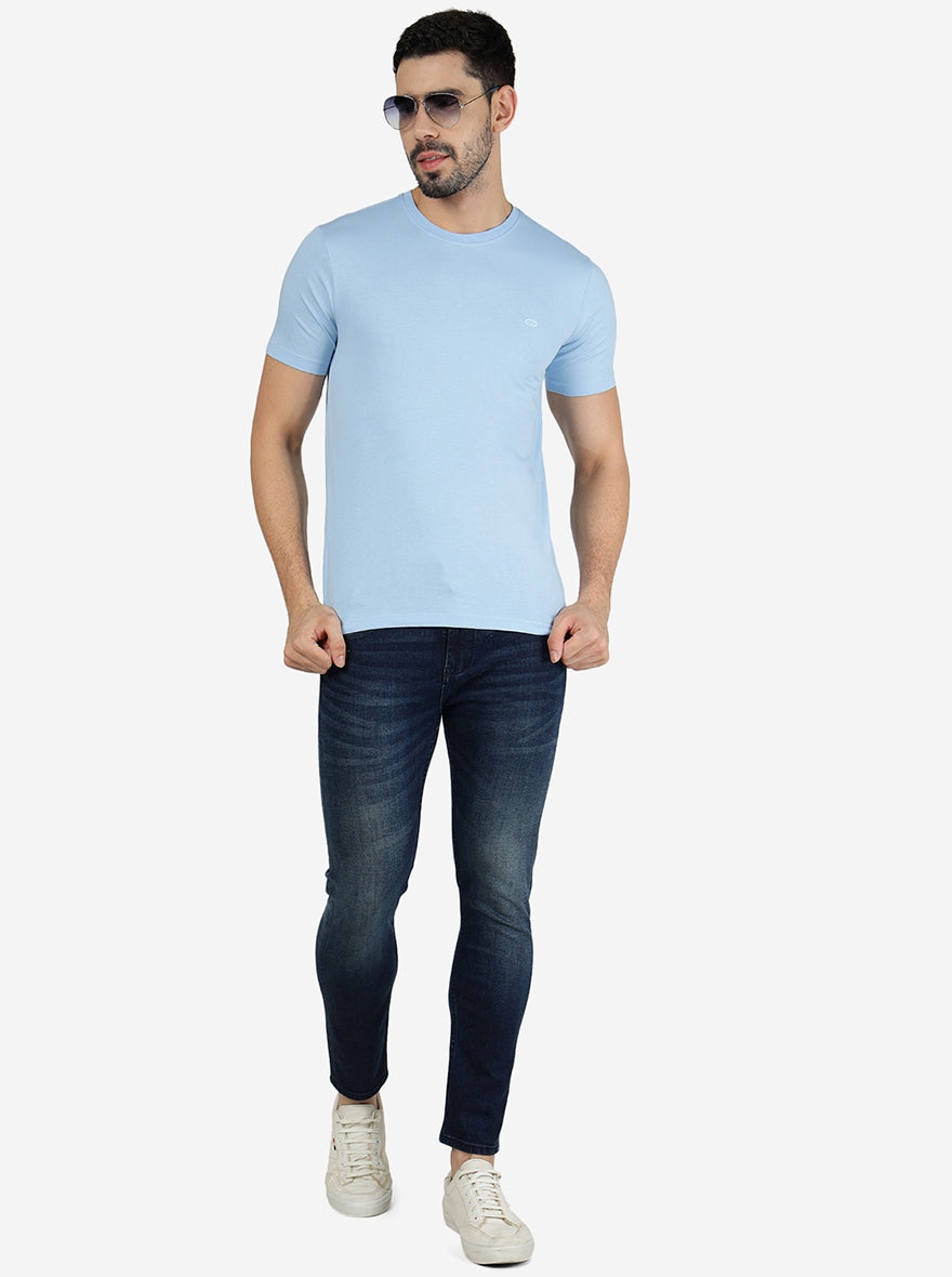 Sky Blue Solid Slim Fit T-Shirt | pehervi